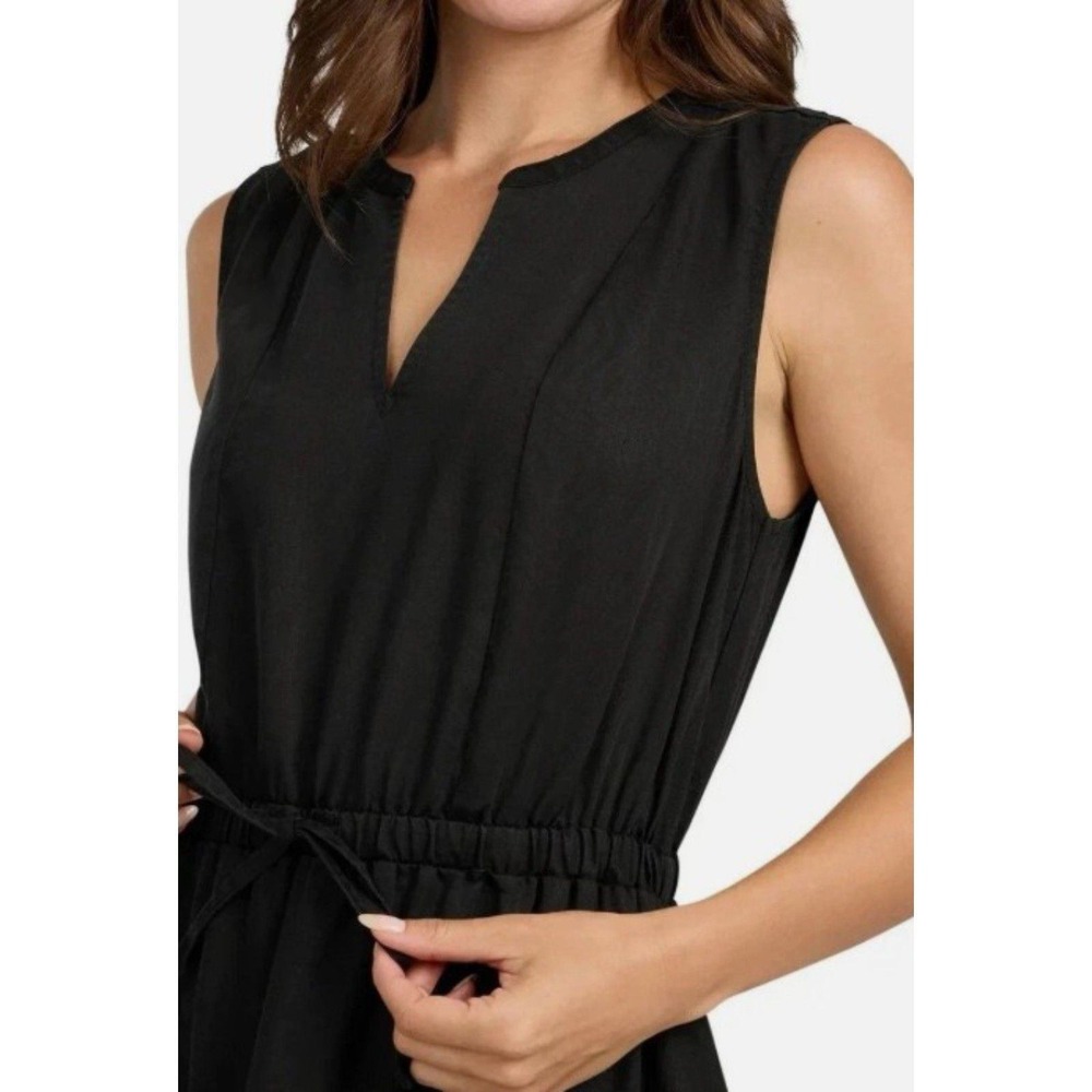 LANDS' END V-Neck Sleeveless Tiered Midi Dress Sz M Black Drawstring Pockets NWT